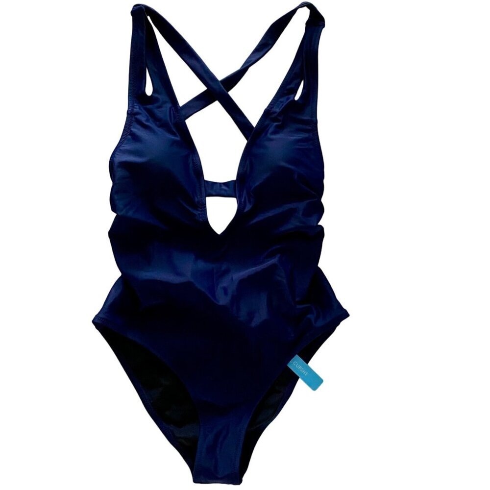Cupshe Women's Cross Back One Piece Swimsuit Navy Blue Size Small NEW NWT